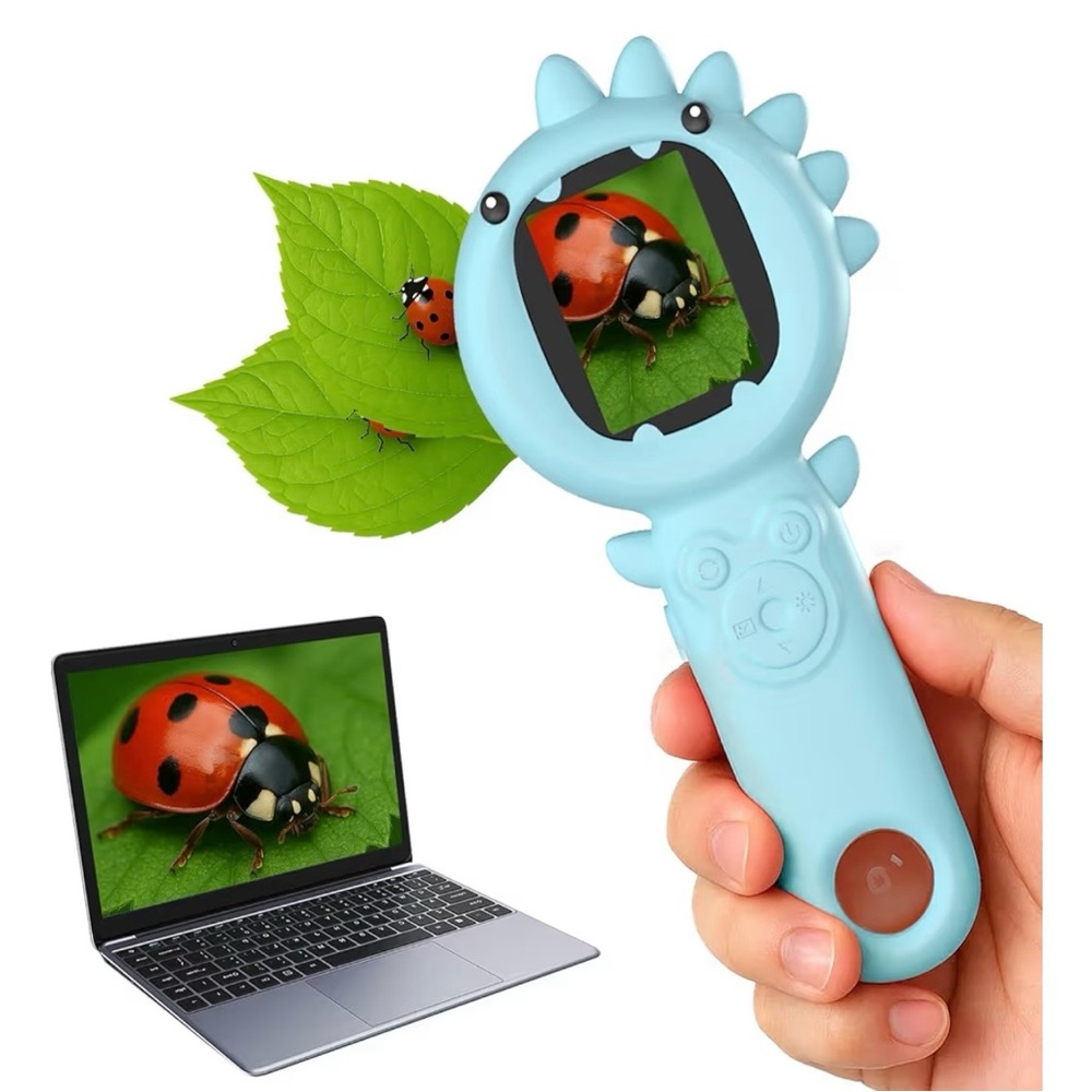 Kids Microscope Camera, 500X Handheld 2" IPS Screen, Blue Dinosaur